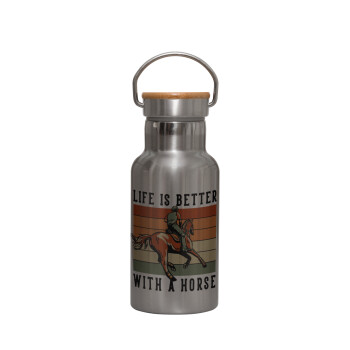 Life is Better with a Horse, Stainless steel metallic thermos flask, silver with a bamboo lid, double-walled, 350ml.