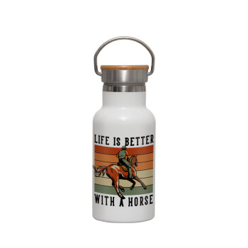 Life is Better with a Horse, Metallic thermos (Stainless steel) White with wooden lid (bamboo), double-walled, 350ml