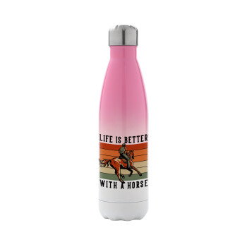 Life is Better with a Horse, Metal mug thermos Pink/White (Stainless steel), double wall, 500ml