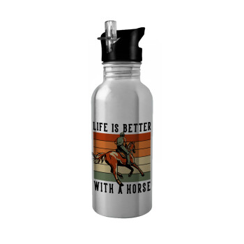 Life is Better with a Horse, Water bottle Silver with straw, stainless steel 600ml