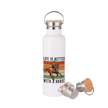 Life is Better with a Horse, Stainless steel White with wooden lid (bamboo), double wall, 750ml