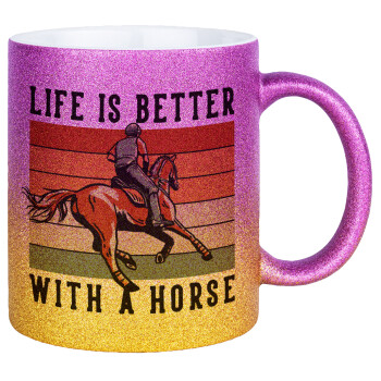 Life is Better with a Horse, Κούπα Χρυσή/Ροζ Glitter, κεραμική, 330ml