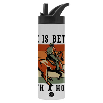 Life is Better with a Horse, Μεταλλικό παγούρι θερμός με καλαμάκι & χειρολαβή, ανοξείδωτο ατσάλι (Stainless steel 304), διπλού τοιχώματος, 600ml