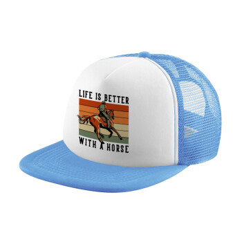 Life is Better with a Horse, Καπέλο παιδικό Soft Trucker με Δίχτυ ΓΑΛΑΖΙΟ/ΛΕΥΚΟ (POLYESTER, ΠΑΙΔΙΚΟ, ONE SIZE)