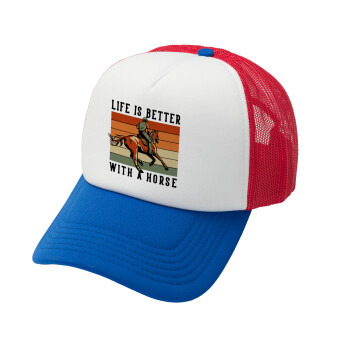 Life is Better with a Horse, Καπέλο Ενηλίκων Soft Trucker με Δίχτυ Red/Blue/White (POLYESTER, ΕΝΗΛΙΚΩΝ, UNISEX, ONE SIZE)