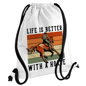 Life is Better with a Horse, Τσάντα πλάτης πουγκί GYMBAG λευκή, με τσέπη (40x48cm) & χονδρά κορδόνια