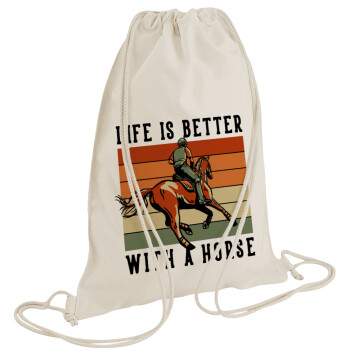 Life is Better with a Horse, Τσάντα πλάτης πουγκί GYMBAG natural (28x40cm)