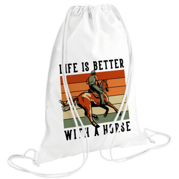 Life is Better with a Horse, Τσάντα πλάτης πουγκί GYMBAG λευκή (28x40cm)