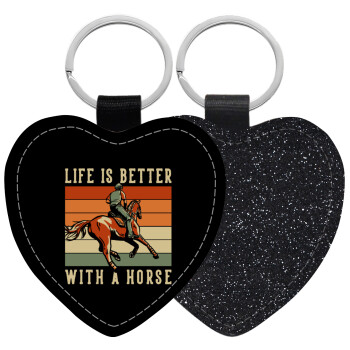 Life is Better with a Horse, Μπρελόκ PU δερμάτινο glitter καρδιά ΜΑΥΡΟ