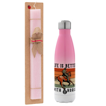 Life is Better with a Horse, Easter Set, Metallic pink/white (Stainless steel) thermos, double-walled, 500ml & aromatic flat Easter candle (30cm) (PINK)