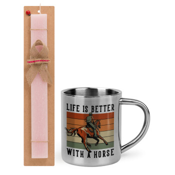 Life is Better with a Horse, Πασχαλινό Σετ, μεταλλική κούπα θερμό (300ml) & πασχαλινή λαμπάδα αρωματική πλακέ (30cm) (ΡΟΖ)