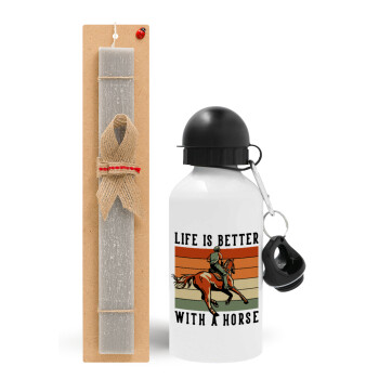 Life is Better with a Horse, Easter Set, metallic aluminum water bottle (500ml) & aromatic flat Easter candle (30cm) (GRAY)