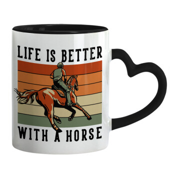 Life is Better with a Horse, Κούπα καρδιά χερούλι μαύρη, κεραμική, 330ml