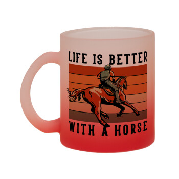 Life is Better with a Horse, Κούπα γυάλινη δίχρωμη με βάση το κόκκινο ματ, 330ml