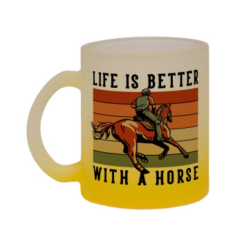 Life is Better with a Horse, Κούπα γυάλινη δίχρωμη με βάση το κίτρινο ματ, 330ml