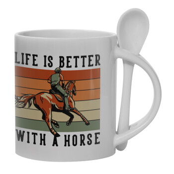Life is Better with a Horse, Ceramic coffee mug with Spoon, 330ml (1pcs)