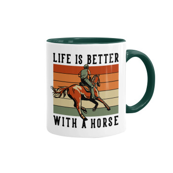 Life is Better with a Horse, Κούπα χρωματιστή πράσινη, κεραμική, 330ml