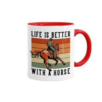 Life is Better with a Horse, Κούπα χρωματιστή κόκκινη, κεραμική, 330ml