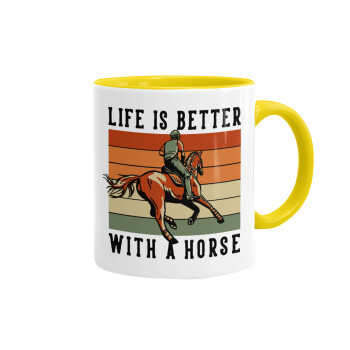 Life is Better with a Horse, Κούπα χρωματιστή κίτρινη, κεραμική, 330ml