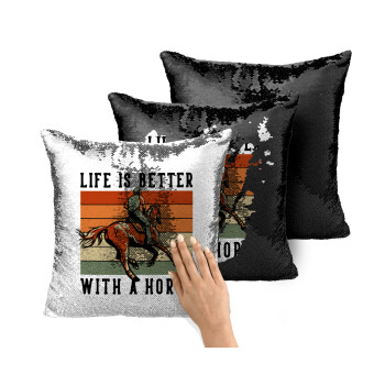 Life is Better with a Horse, Μαξιλάρι καναπέ Μαγικό Μαύρο με πούλιες 40x40cm περιέχεται το γέμισμα