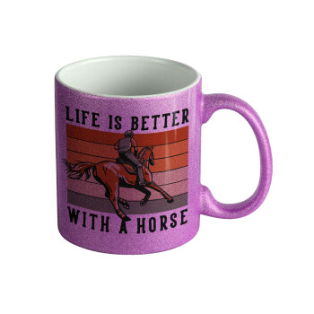 Life is Better with a Horse, Κούπα Μωβ Glitter που γυαλίζει, κεραμική, 330ml