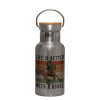 Stainless steel metallic thermos flask, silver with a bamboo lid, double-walled, 350ml.