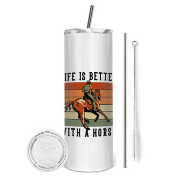 Life is Better with a Horse, Eco friendly stainless steel tumbler 600ml, with metal straw & cleaning brush
