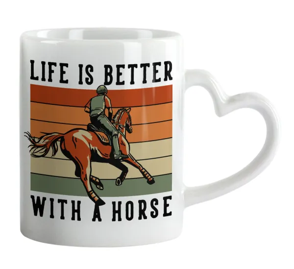 Life is Better with a Horse — Κούπα καρδιά χερούλι λευκή, κεραμική, 330ml