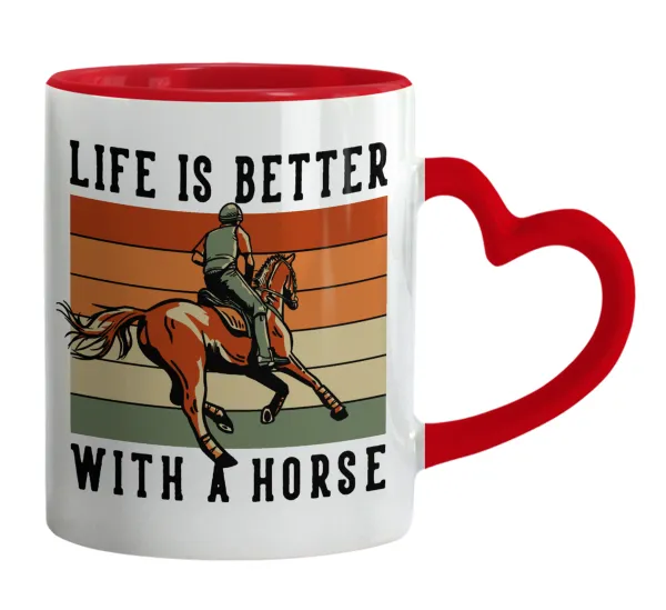 Life is Better with a Horse — Κούπα καρδιά χερούλι κόκκινη, κεραμική, 330ml