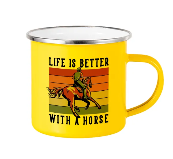 Life is Better with a Horse — Yellow Enamel Metallic Cup 360ml