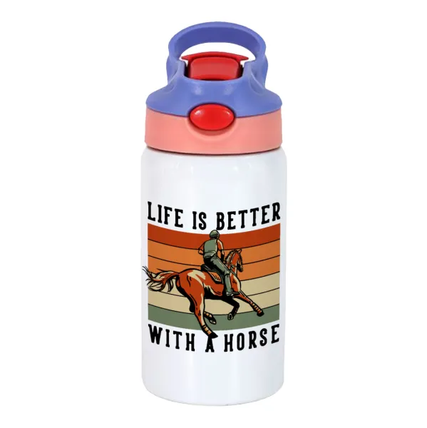 Life is Better with a Horse — Παιδικό παγούρι θερμό, ανοξείδωτο, με καλαμάκι ασφαλείας, ροζ/μωβ (350ml)