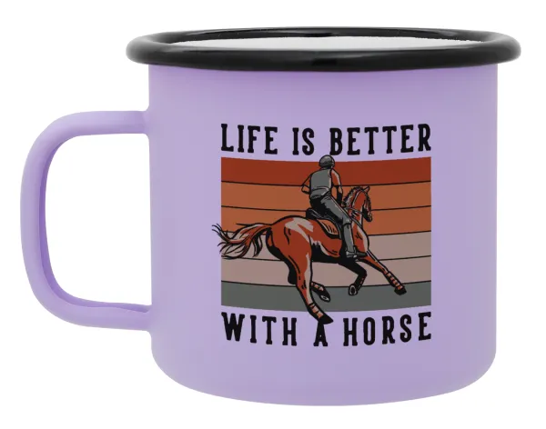 Life is Better with a Horse — Metal enamel mug, matte light pastel purple, 360ml