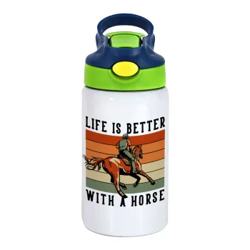 Life is Better with a Horse, Children's hot water bottle, stainless steel, with safety straw, green, blue (350ml)