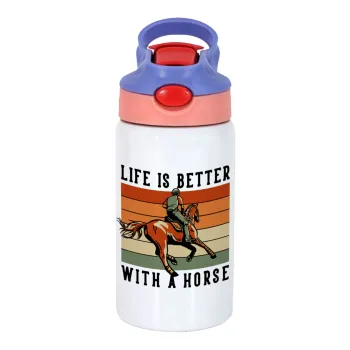 Life is Better with a Horse, Children's hot water bottle, stainless steel, with safety straw, pink/purple (350ml)