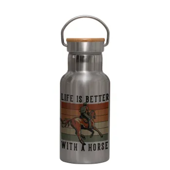 Life is Better with a Horse, Stainless steel metallic thermos flask, silver with a bamboo lid, double-walled, 350ml.