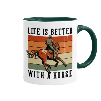 Life is Better with a Horse, Κούπα χρωματιστή πράσινη, κεραμική, 330ml