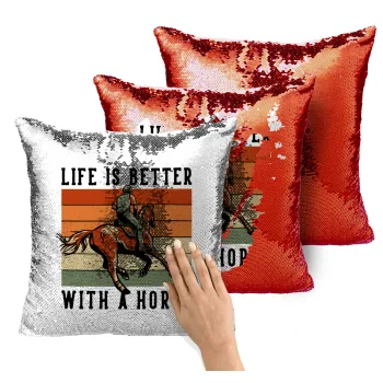 Life is Better with a Horse, Μαξιλάρι καναπέ Μαγικό Κόκκινο με πούλιες 40x40cm περιέχεται το γέμισμα