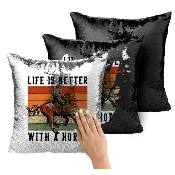 Life is Better with a Horse, Μαξιλάρι καναπέ Μαγικό Μαύρο με πούλιες 40x40cm περιέχεται το γέμισμα