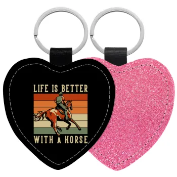 Life is Better with a Horse, Μπρελόκ PU δερμάτινο glitter καρδιά ΡΟΖ