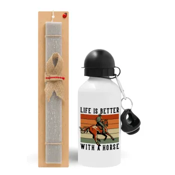 Life is Better with a Horse, Easter Set, metallic aluminum water bottle (500ml) & aromatic flat Easter candle (30cm) (GRAY)