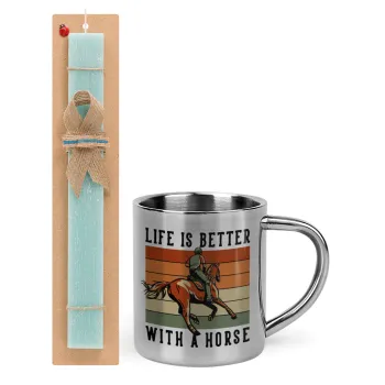 Life is Better with a Horse, Easter Set, metallic thermal cup (300ml) & aromatic flat Easter candle (30cm) (TURQUOISE)