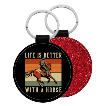 Life is Better with a Horse, Μπρελόκ Δερματίνη, στρογγυλό ΚΟΚΚΙΝΟ (5cm)