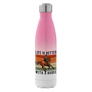Life is Better with a Horse, Metal mug thermos Pink/White (Stainless steel), double wall, 500ml