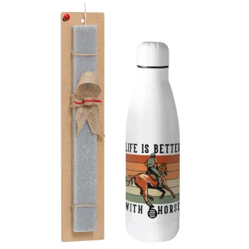 Life is Better with a Horse, Easter Set, metallic stainless thermos bottle (500ml) & scented flat Easter candle (30cm) (GRAY)
