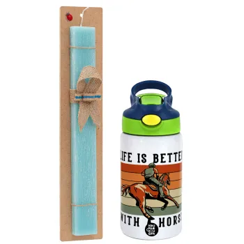 Life is Better with a Horse, Easter Set, Children's thermal stainless steel bottle with safety straw, green/blue (350ml) & aromatic flat Easter candle (30cm) (TURQUOISE)