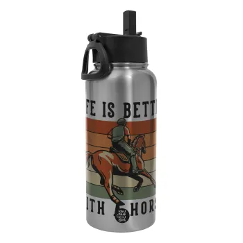 Life is Better with a Horse, Μεταλλικό παγούρι θερμός Silver με καλαμάκι και χερούλι (Stainless steel), διπλού τοιχώματος, 950ml