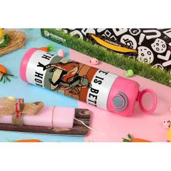 Life is Better with a Horse, Πασχαλινή Λαμπάδα με Παιδικό παγούρι θερμό, ανοξείδωτο, με καλαμάκι ασφαλείας, ΡΟΖ (500ml)