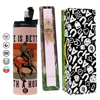 Life is Better with a Horse, Πασχαλινή Λαμπάδα με  ΡΟΖ Travel Tumbler θερμό (600ml, BPA free) & κερί αρωματικό πλακέ (30cm) (ΡΟΖ)