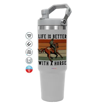 Life is Better with a Horse, GREY color, 890ml (30oz) stainless Steel Tumbler with Handle