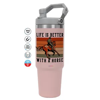 Life is Better with a Horse, Pink color, 890ml (30oz) stainless Steel Tumbler with Handle